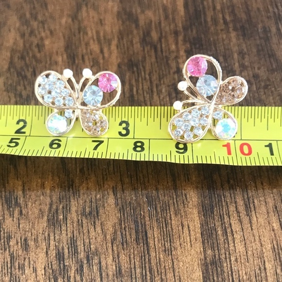 Woman's Girls Rhinestone & Faux Pearl Butterfly Design Gold Tone Earrings - Picture 10 of 10